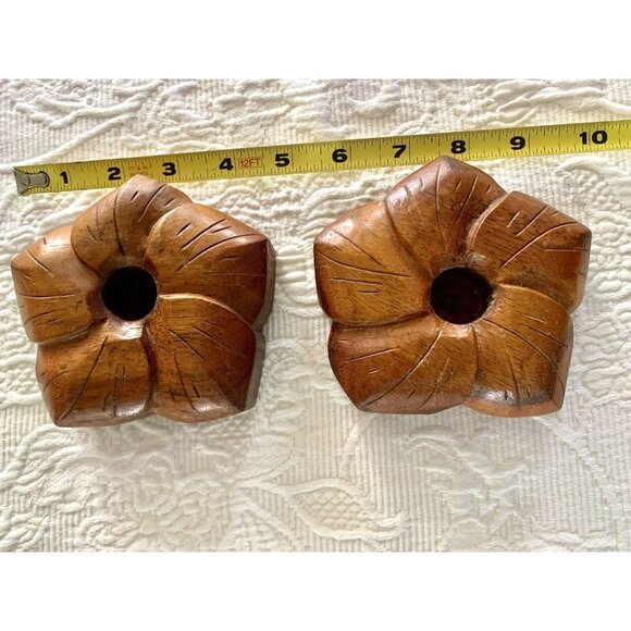 Vintage Tropical Wooden Carved Flower Taper Candle Holders Set of 2 - MCM Hawaii - Picture 1 of 9